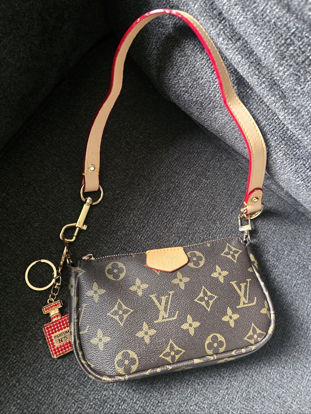 Charmed Monogram Babi LoVu Zip Phone Purse Red-Edged Beige Strap